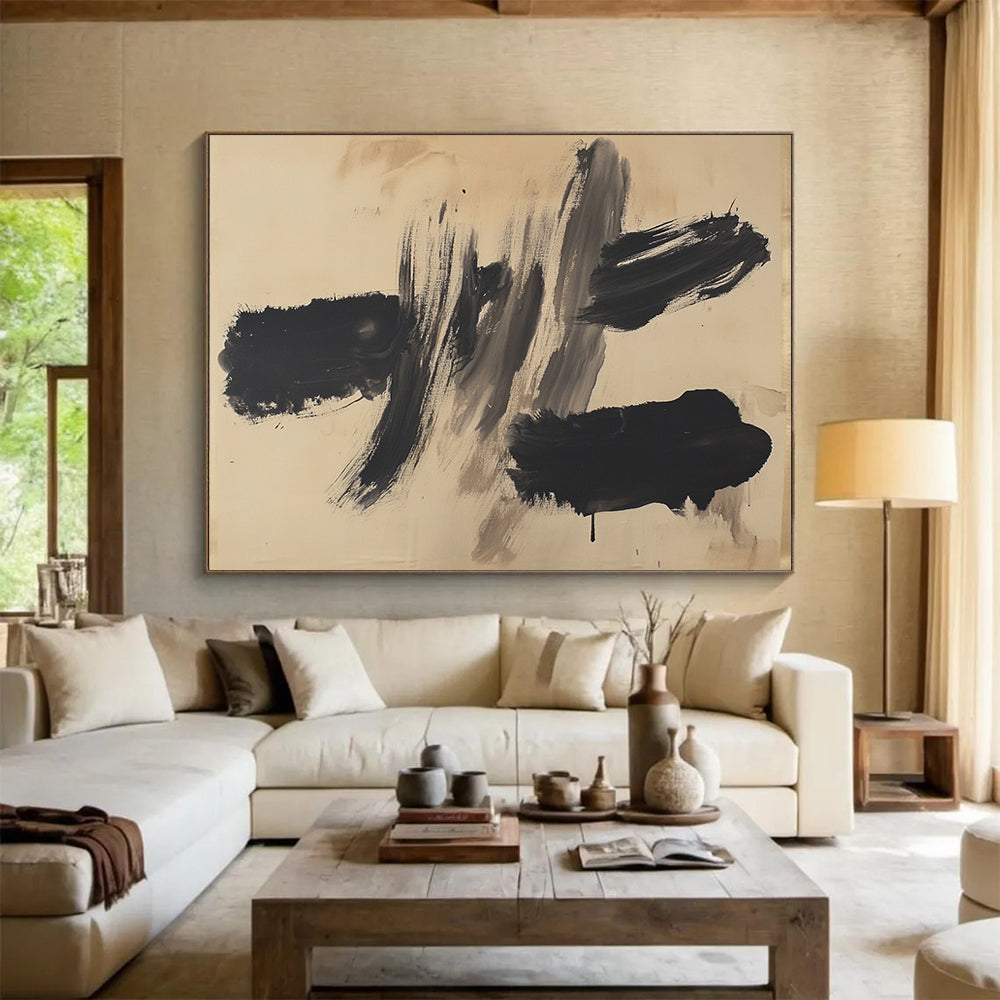 “Subtle Black - Beige Marks” - Black, Gray, Beige, Minimalist Brushstrokes - Ink Painting HB1629