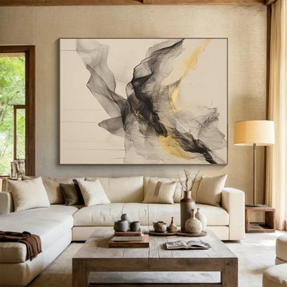 Beige, Gray, Gold, Flowing Shapes "Golden Veil" Abstract Painting On Canvas HB027