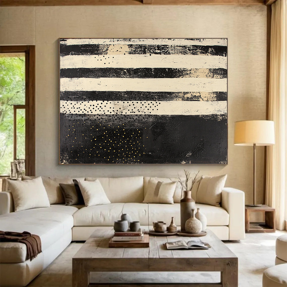 Black, White & Gold Striped Dots - “Vintage Star Map” Painting On Canvas HB196