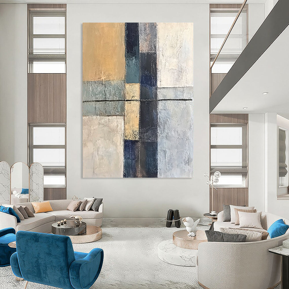 Contemporary abstract artwork featuring an ancient cross textured canvas with hand stitching in grey blue and beige tones minimalistic design. DLZ0945