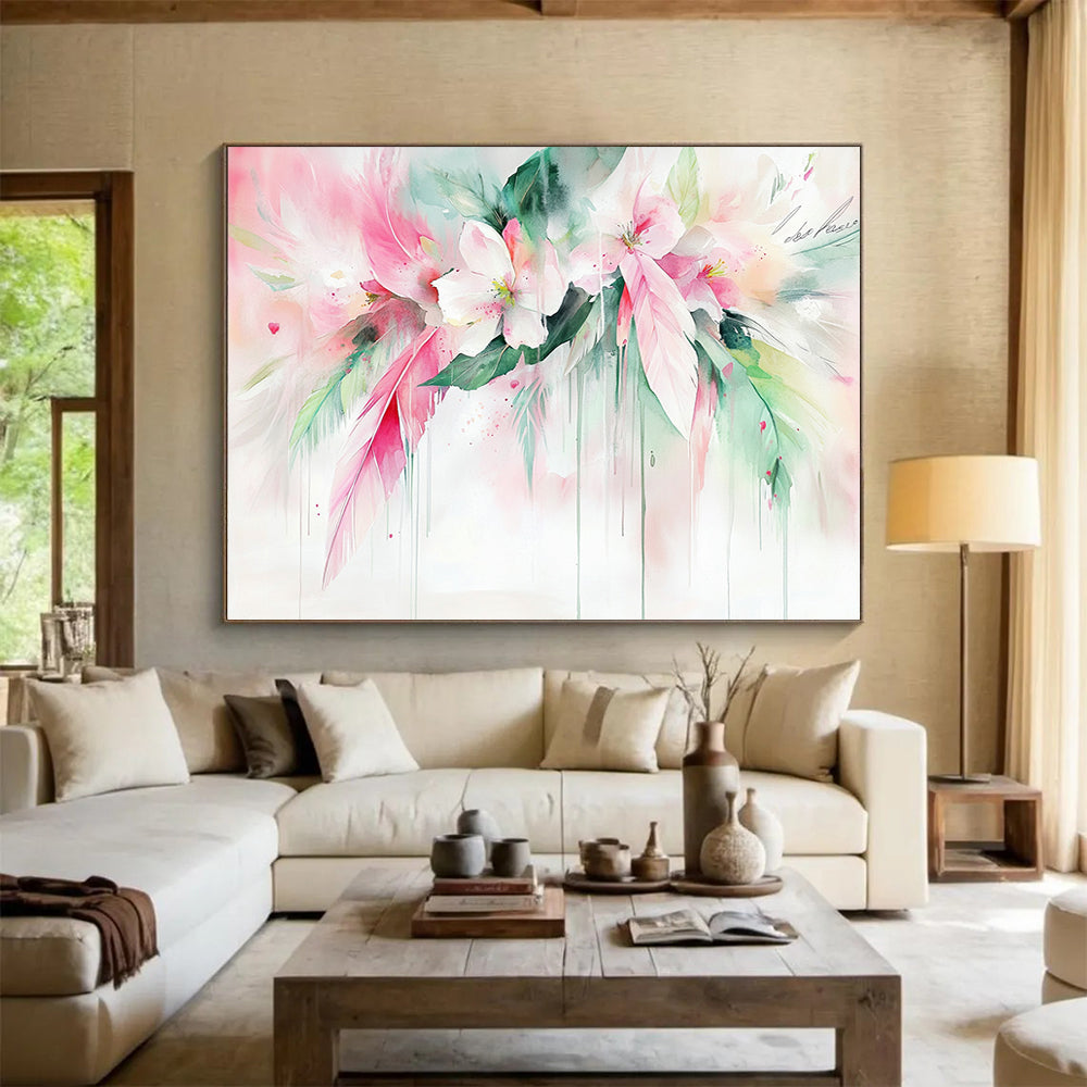 “Dreamy Floral Watercolor with Feathers” - Pink, White, Green, Softly Flowing Flowers and Feathers - Watercolor Painting HB1773