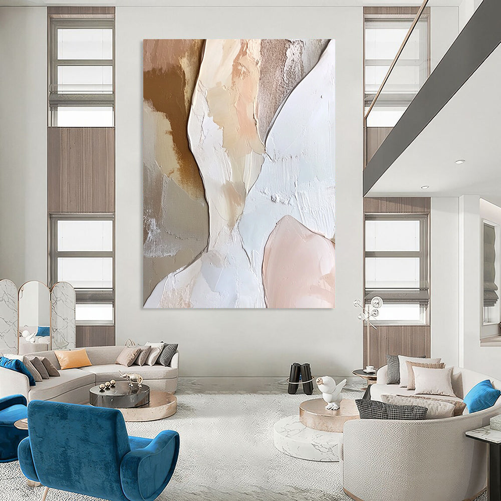 Contemporary abstract painting featuring a textured angelic figure in layered white and soft pink hues with neutral tones. Perfect for modern decor. DLZ1056