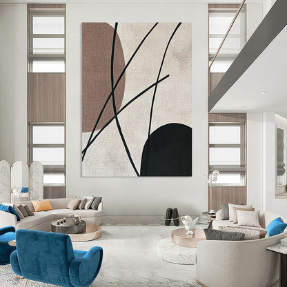Contemporary abstract painting features minimalist Japandi art with black strings elegantly contrasting against a beige background in soothing earthy tones. DLZ1627