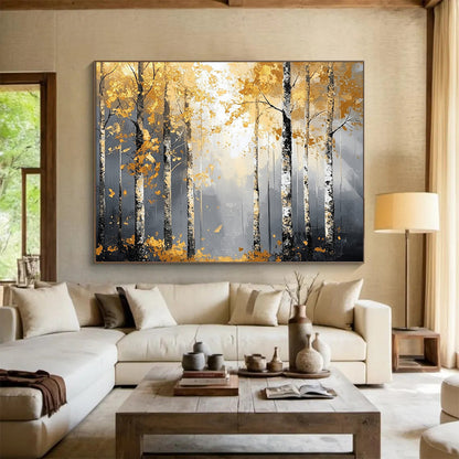 “Golden Birch Forest” - Gold, Gray, Birch Trees, Forest - Abstract Landscape Painting HB1682