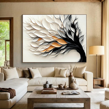 “Textured Tree” - White, Gray, Black, Gold with Layered Leaves - 3D Abstract Sculpture HB1345