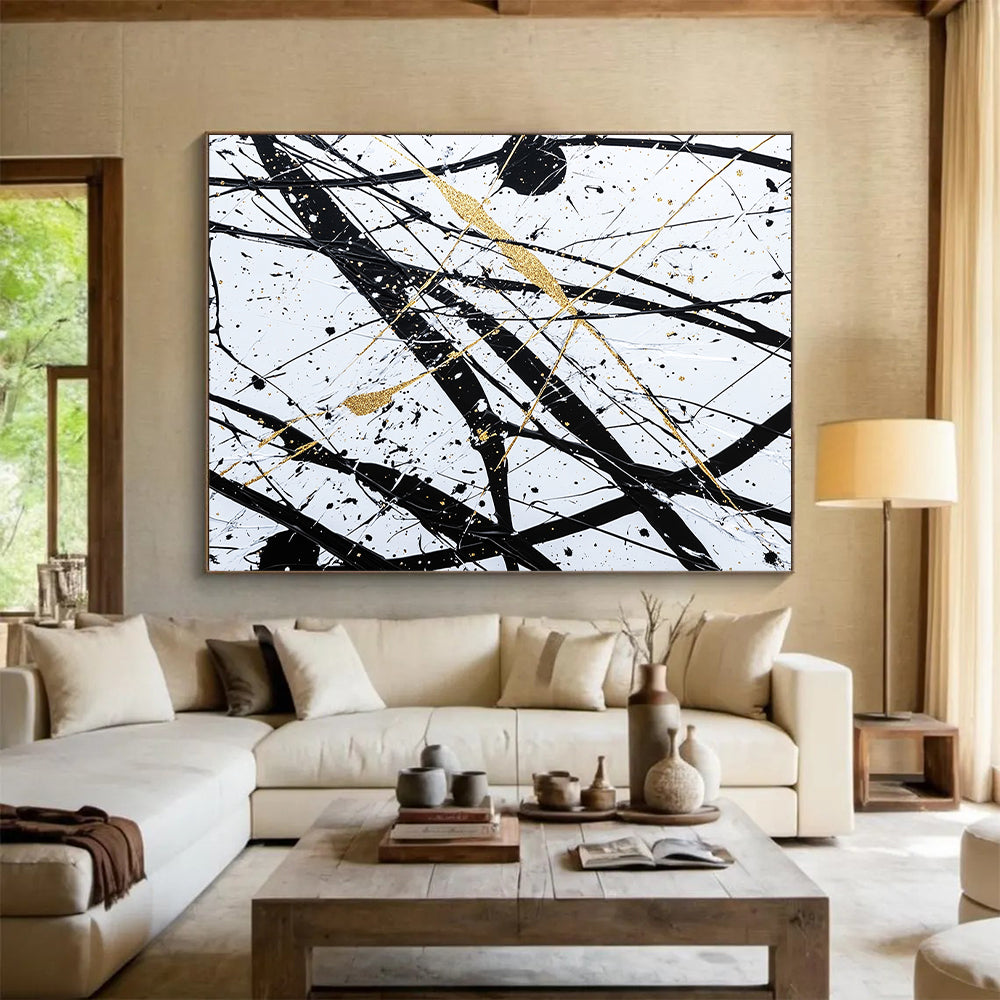 Black, White, Gold, Intertwined Lines "Gilded Chaos" Abstract Expressionist Painting On Canvas HB047