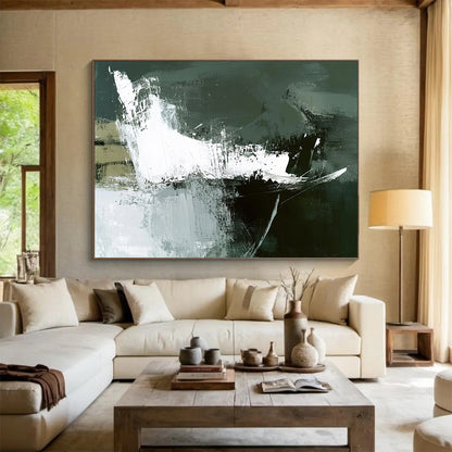 “Dark Green Abstract Strokes” - Green, White, Black with Bold Strokes - Abstract Acrylic Painting HB1349