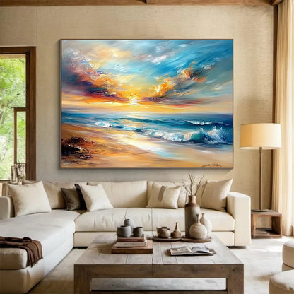 “Vibrant Beach Sunset” - Oranges, Pinks, Blues, Colorful Ocean Sunset - Impasto Oil Painting HB1600