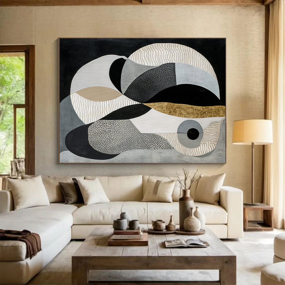 Black, Gray, Beige & Gold Geometric Shapes - “Gilded Modern Geometry” Painting On Canvas HB211