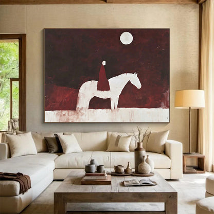 “Moonlit Rider on White Horse” - Dark Red, White, Figurative, Night Sky Painting On Canvas HB0772