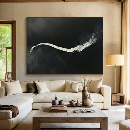 “White Stream on Black” - Bold white, deep black, Abstract Expressionist Painting On Canvas HB0608