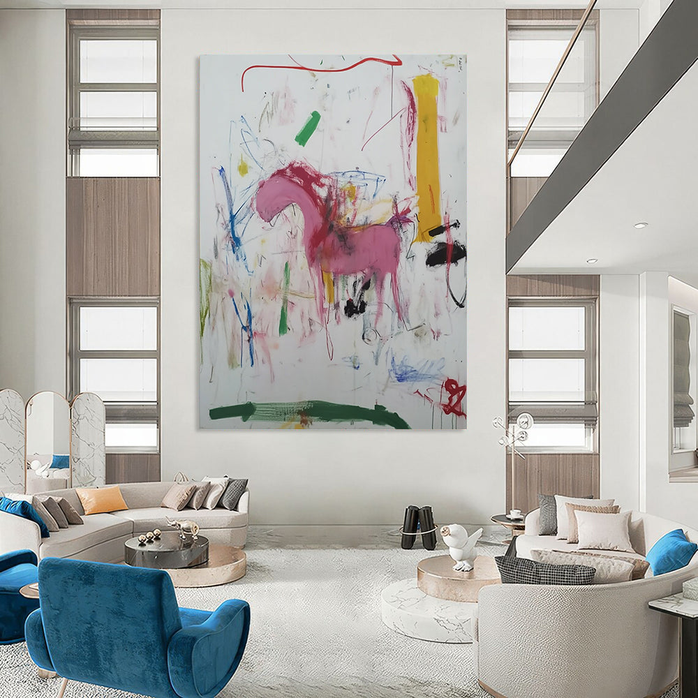 Contemporary abstract artwork featuring vibrant marker scribbles a pink horse a green river a yellow tower and a red arrow accentuating the composition. DLZ1011