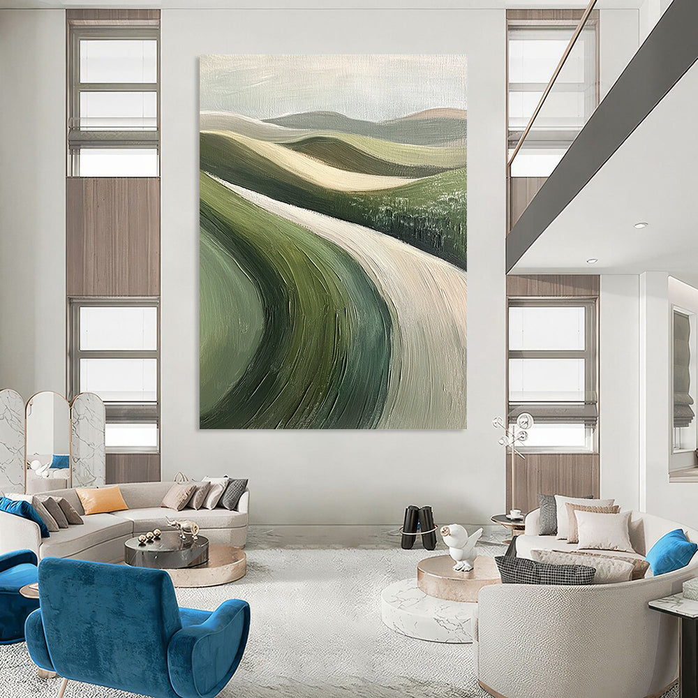 Contemporary hand-painted abstract art featuring rolling green hills, textured brushstrokes, muted colors, soft focus, and a minimalist impressionist style. DLZ1107