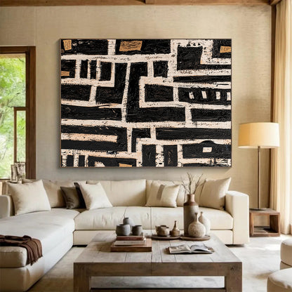 Black, White and Gold Geometric Maze "Labyrinthine Path" Painting On Canvas HB341