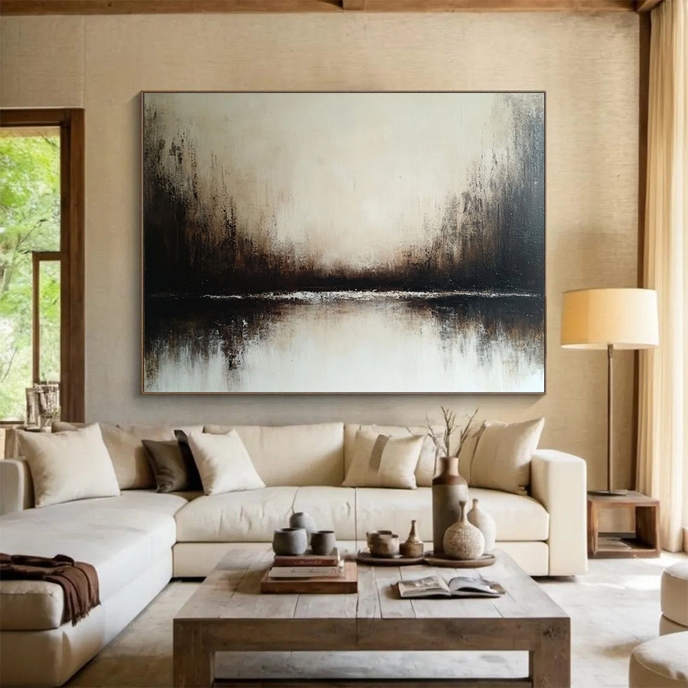 “Misty Landscape in Neutral Tones” - Beige, brown, white; Abstract misty landscape with a reflective body of water; Soft Oil Painting On Canvas HB1203