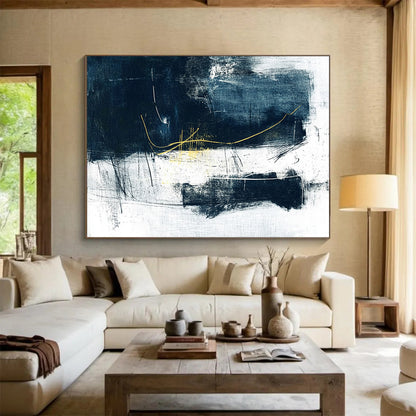 “Navy - Gold Abstract Strokes” - Navy, Gold, White, Black with Expressive Lines - Abstract Acrylic HB1365