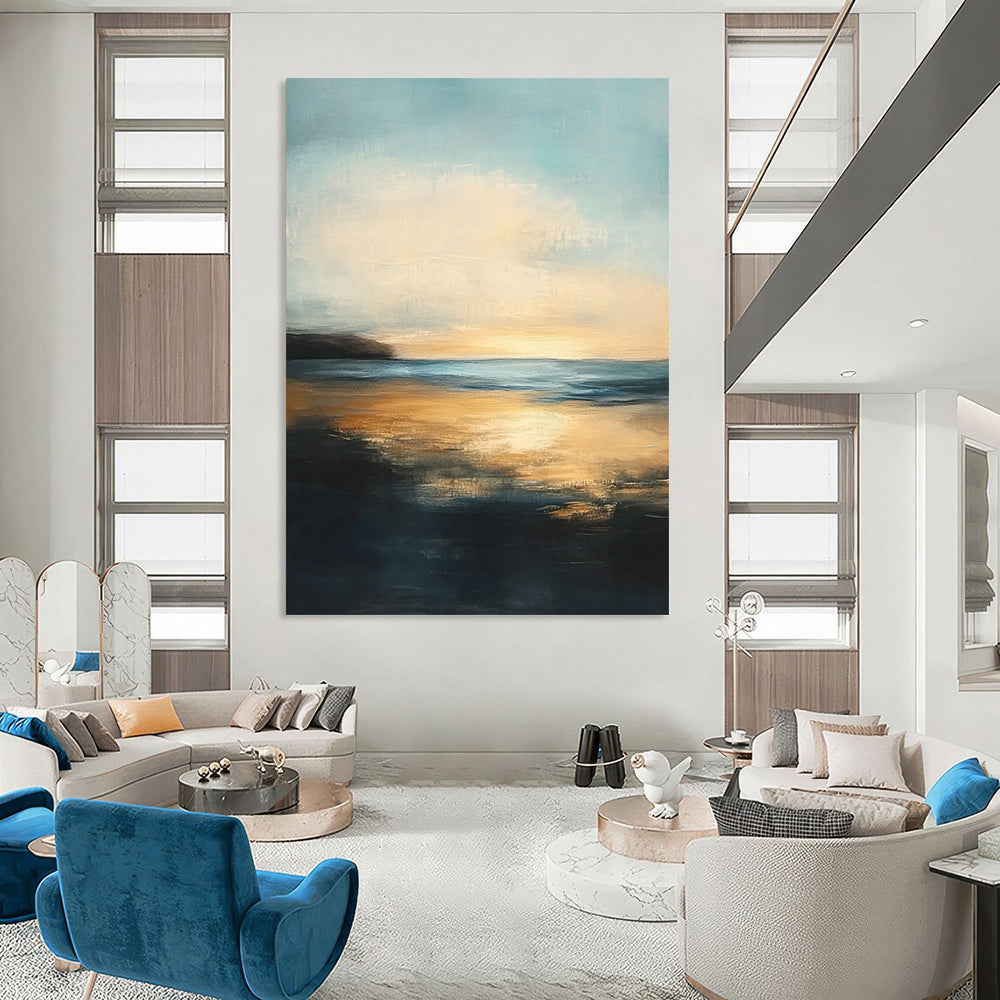 Contemporary abstract painting features a serene sea with golden sunset reflections and a tranquil sky, evoking peacefulness and contemplation in soft brushstrokes. DLZ0412