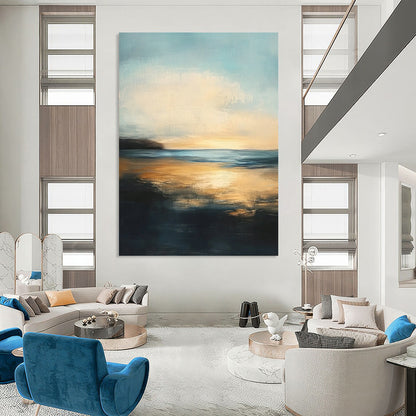 Contemporary abstract painting features a serene sea with golden sunset reflections and a tranquil sky, evoking peacefulness and contemplation in soft brushstrokes. DLZ0412