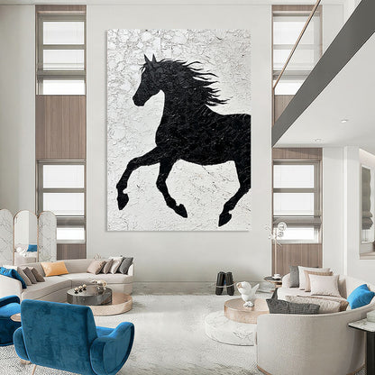 Contemporary abstract painting featuring a textured black horse silhouette on white paper emphasizing strength and freedom through impasto technique and expressive brushstrokes. DLZ1462