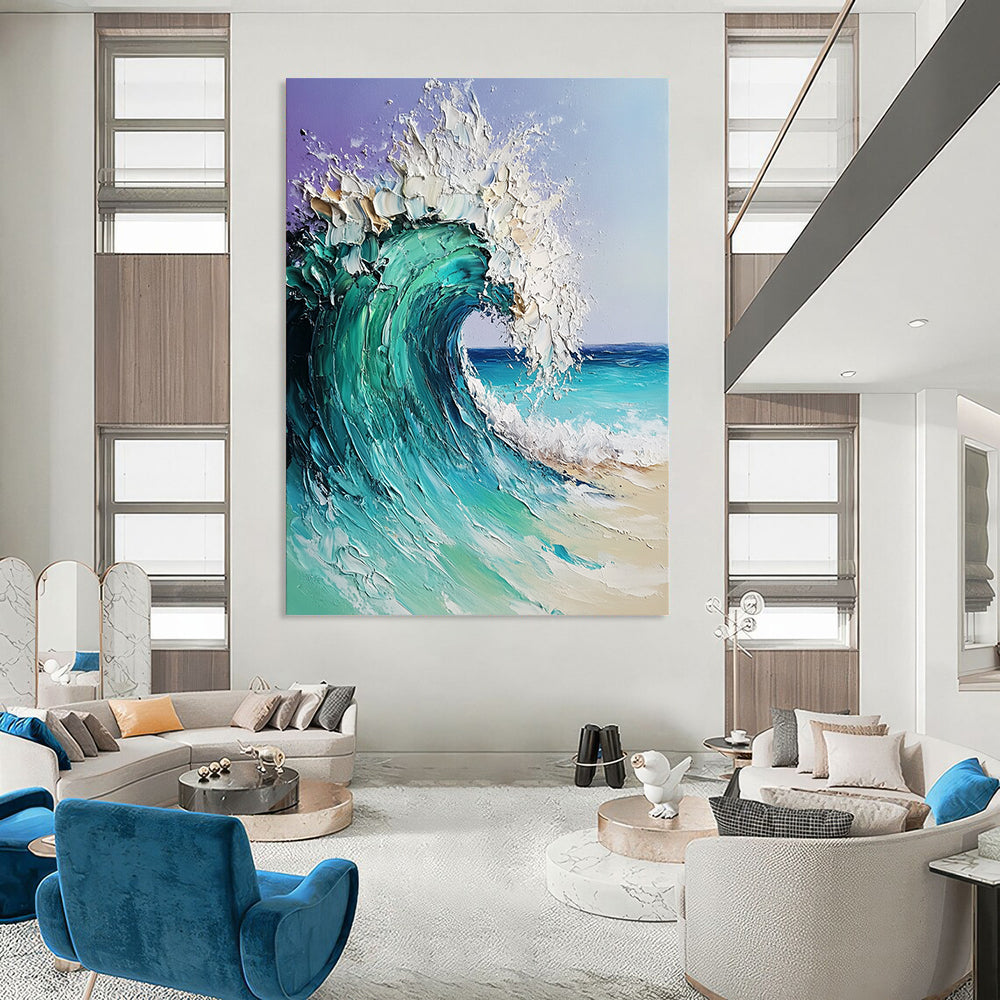 Contemporary hand-painted abstract artwork featuring a dreamy ocean wave in turquoise and blue with textured impasto brushwork on a light purple background. DLZ1095