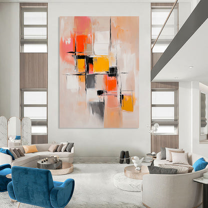 Contemporary hand-painted abstract artwork features harmonious beige and orange hues with dynamic brushstrokes and layered geometric shapes for emotional depth. DLZ0939
