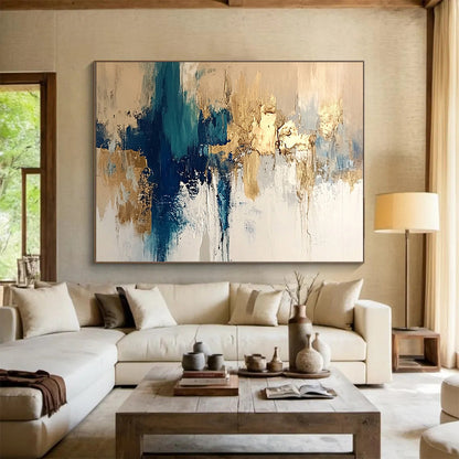 “Blue and Gold Abstract” - Beige, White, Blue, Gold, Elegant Abstract Painting On Canvas HB0964