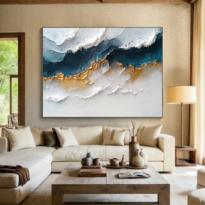 “Elegant Gold - Blue Textures” - White, Blue, Gold, Textured Abstract Painting On Canvas HB0731