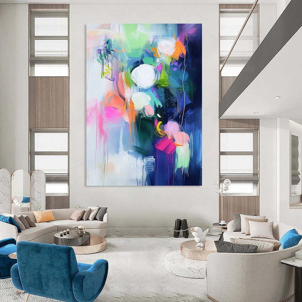Large contemporary hand-painted abstract art with bright colors bold brushstrokes vibrant shapes and soft lighting creating emotional depth and atmosphere. DLZ1029