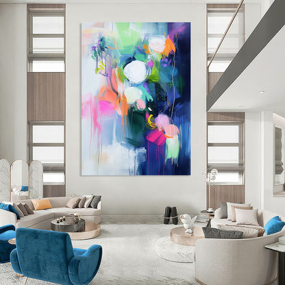 Large contemporary hand-painted abstract art with bright colors bold brushstrokes vibrant shapes and soft lighting creating emotional depth and atmosphere. DLZ1029