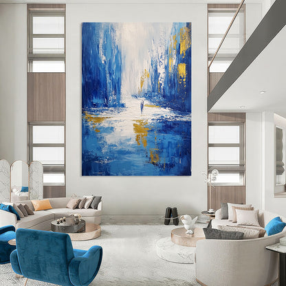 Contemporary abstract artwork featuring thick cold blue brush strokes depicting an icy cityscape with dynamic highlights and reflections on flowing water. DLZ0350
