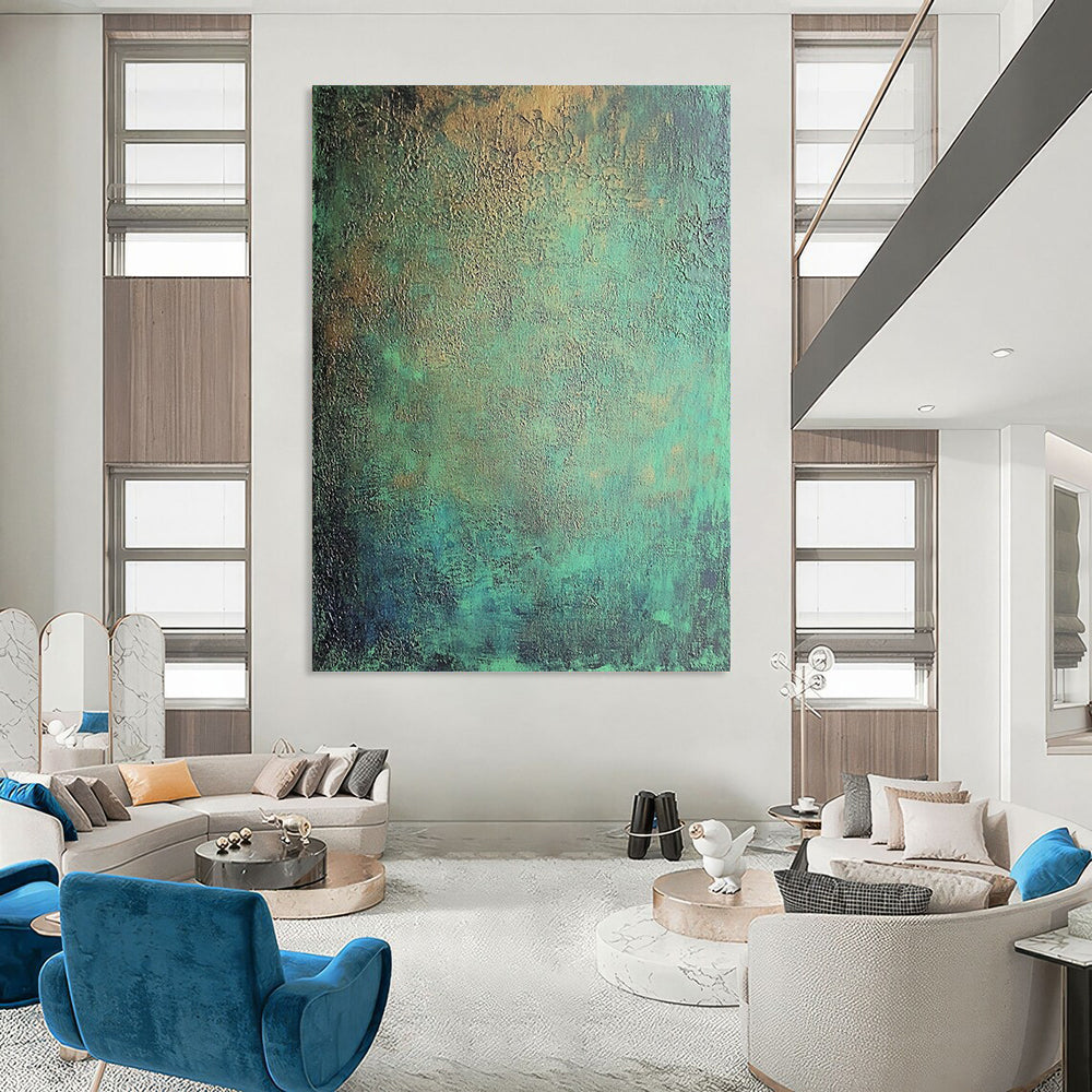 Contemporary hand-painted abstract art features intricate textures of dark green and blue tones with metallic sheen and subtle red accents. DLZ1167