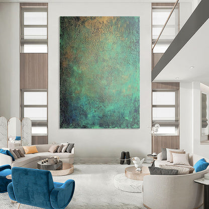 Contemporary hand-painted abstract art features intricate textures of dark green and blue tones with metallic sheen and subtle red accents. DLZ1167