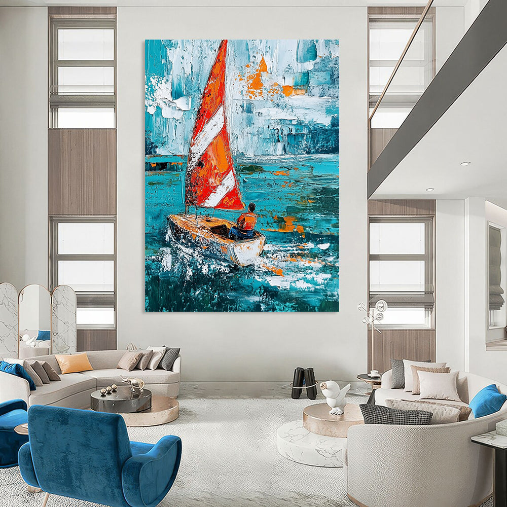 Contemporary hand-painted abstract art showcasing a sailboat with striped sails navigating turquoise waves, featuring expressive brush strokes and textured impasto techniques. DLZ1697