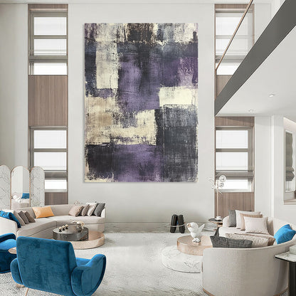 Contemporary abstract painting features urban landscape in grey and purple tones with distressed textures and vintage papers for a unique artistic touch. DLZ0589
