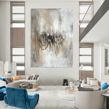 Contemporary hand-painted abstract art featuring an ethereal chandelier in soothing beige and grey tones on textured white canvas. DLZ0456