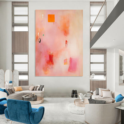 Contemporary hand-painted abstract artwork featuring soft pinks and oranges with organic brush strokes and vibrant yellow and red shapes. DLZ0926