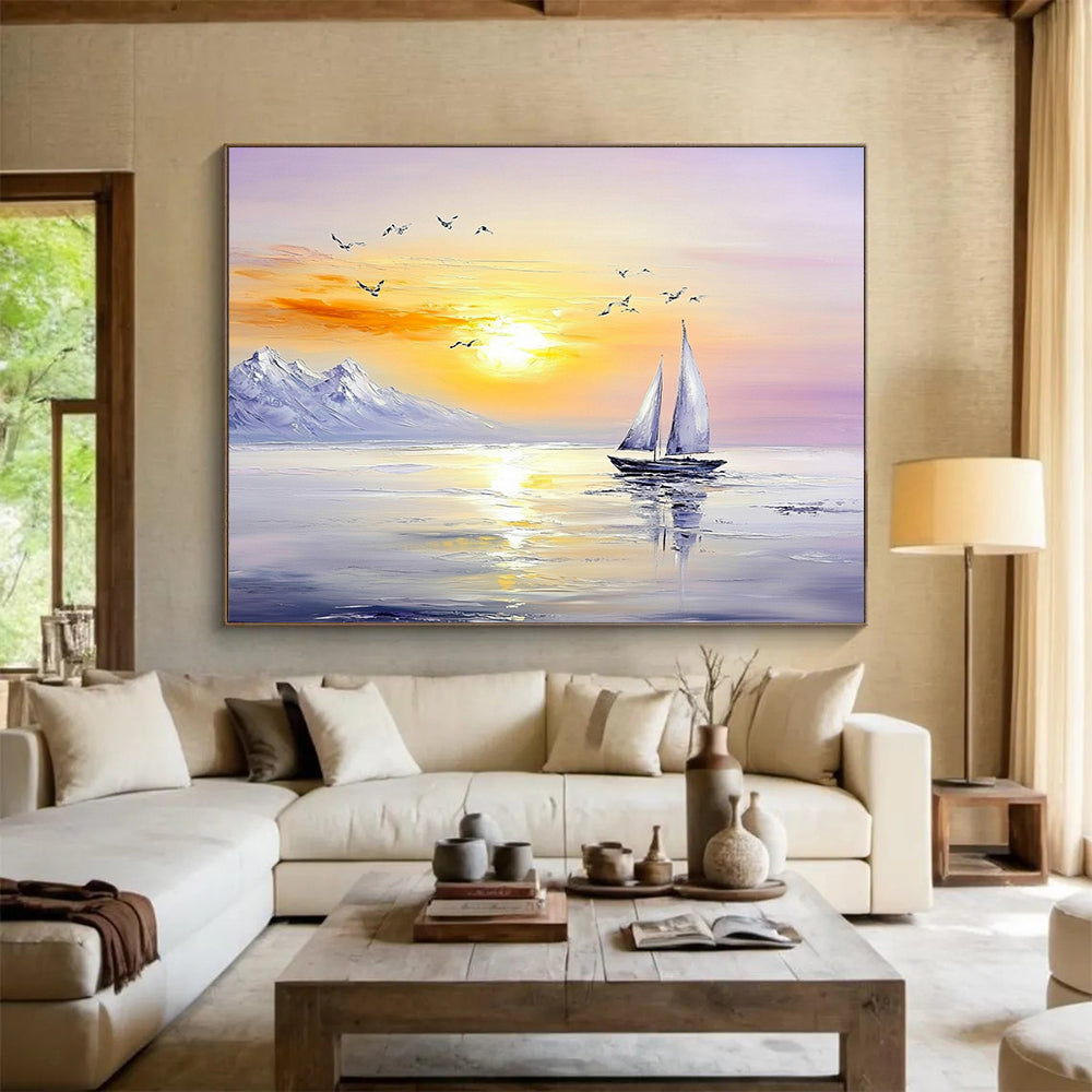 “Sailboat Under Mountain Sunset” - Oranges, Yellows, Purples, Sailboat, Mountains, Birds - Impasto Oil Painting HB1736