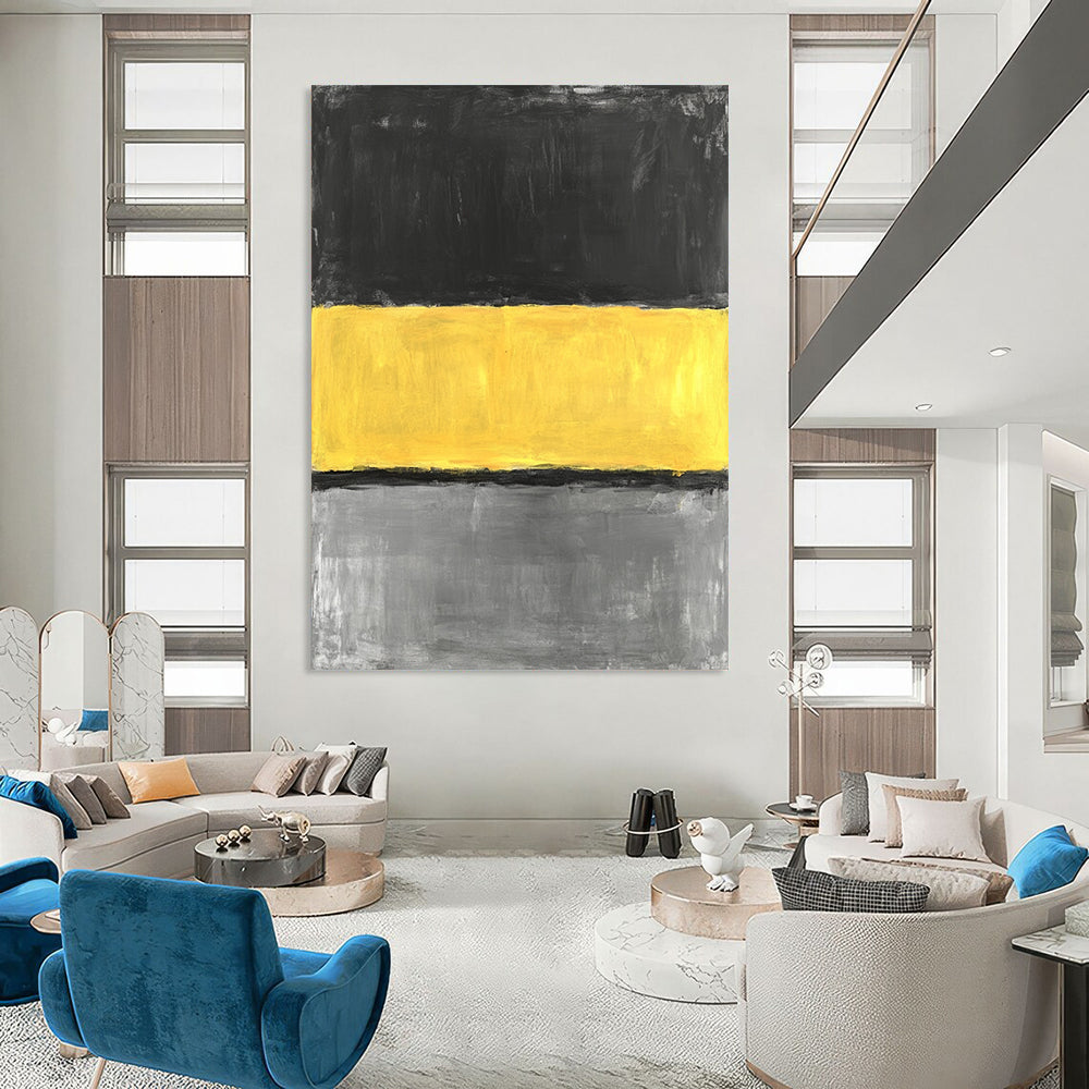 Large contemporary hand-painted abstract artwork featuring a striking yellow stripe on a grey background in minimalist oil expression. DLZ1390