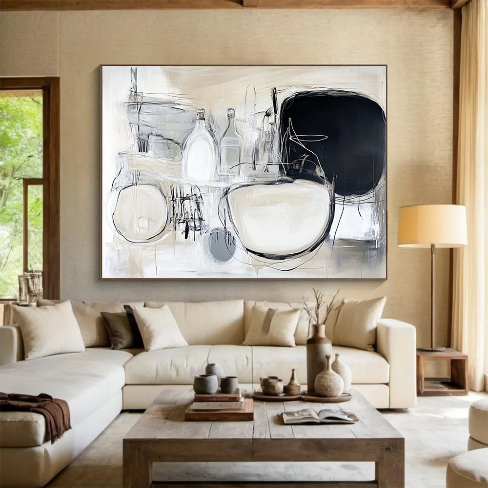 “Monochrome Stillness” - Beige, White, Gray with Abstract Bottles - Abstract Acrylic Painting HB1340