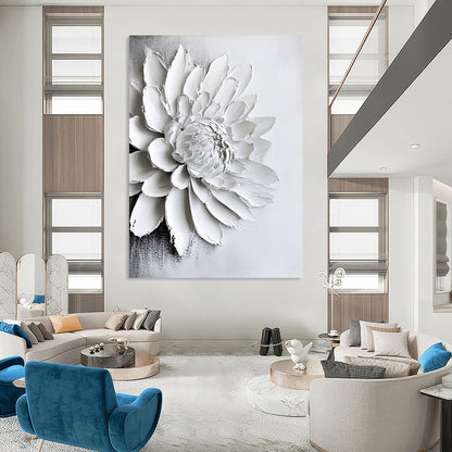 Contemporary abstract art featuring a textured white chrysanthemum painting on canvas, creating a striking monochrome aesthetic for modern interiors. DLZ0831