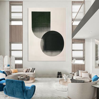 Contemporary abstract art featuring minimalistic shapes in emerald green and grey with delicate strokes on a serene white background. DLZ1621