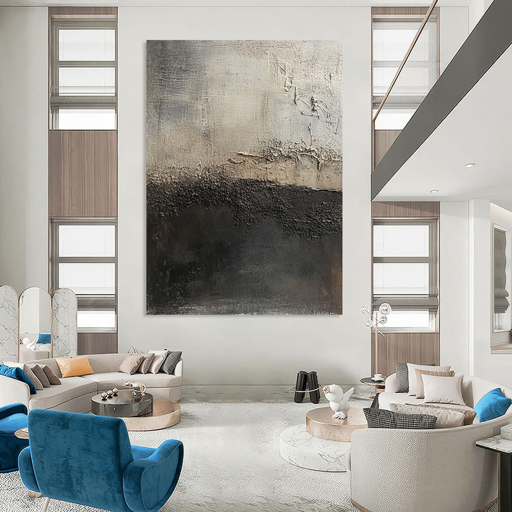 Contemporary large hand-painted abstract artwork featuring dark gray and light brown textures highlighting decay against an abstract dark gray and white background. DLZ1295