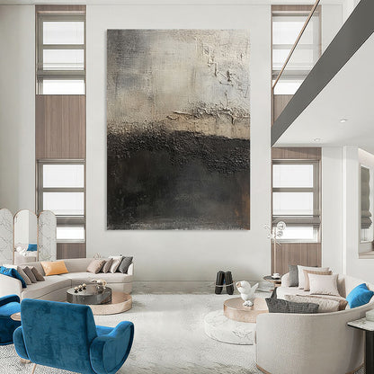 Contemporary large hand-painted abstract artwork featuring dark gray and light brown textures highlighting decay against an abstract dark gray and white background. DLZ1295