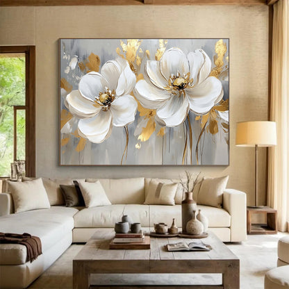 “Gold - Accented White Flowers on Gray” - White, Gold, Gray, White flowers with gold details on gray - Impasto Oil Painting HB1786