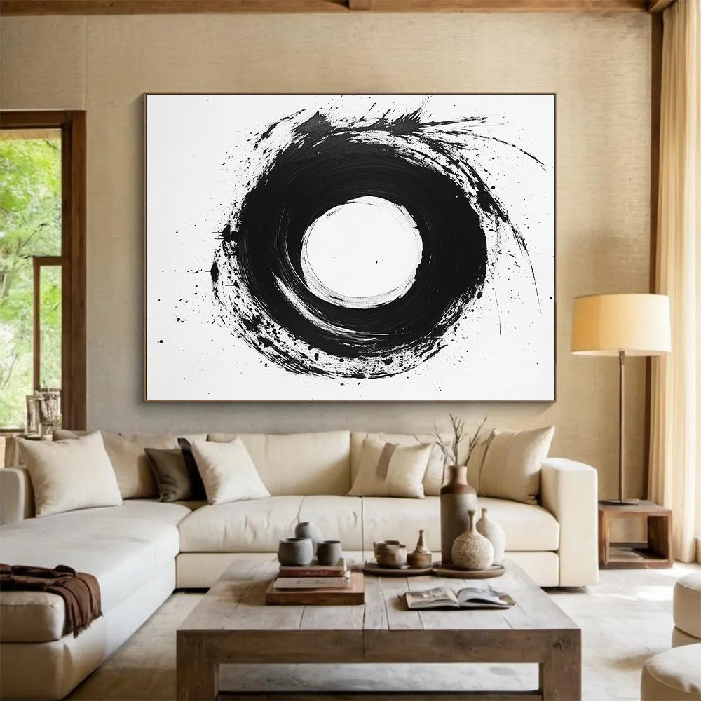Black, White, Bold Circular Stroke "Ink Moon" Abstract Minimalist Painting On Canvas HB132
