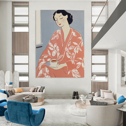 Contemporary abstract artwork features a woman in a pink kimono holding tea adorned with a white flower pattern inspired by Matisse's vibrant style. DLZ1597