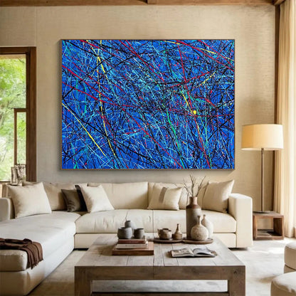 “Blue Abstract with Colorful Tangled Lines” - Blue, Red, Yellow, Green, Tangled Lines Painting On Canvas HB0829