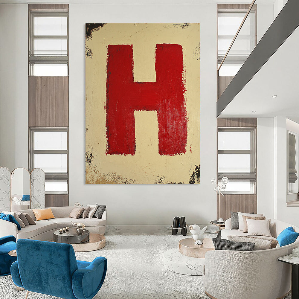 Contemporary abstract painting featuring a red square on a cream background with a striking red letter H at the center. DLZ1695