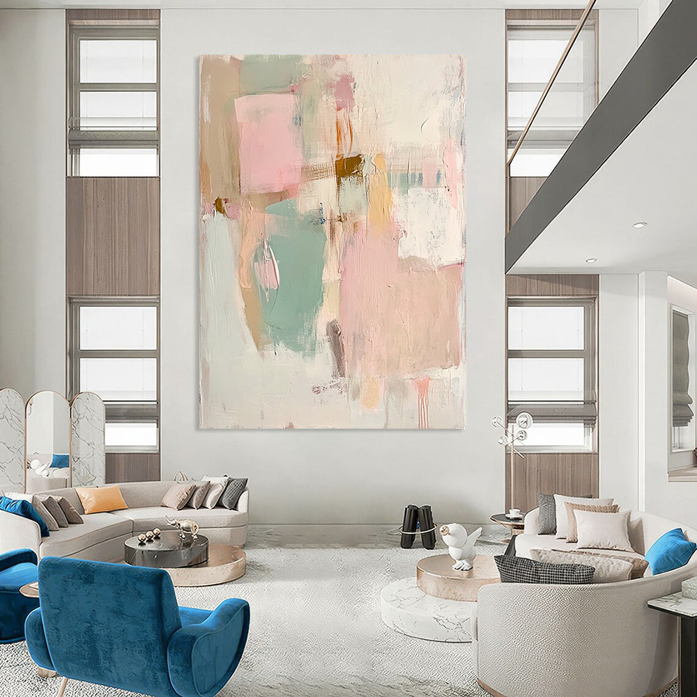 Contemporary hand-painted abstract artwork featuring soft pinks greens and whites highlighting textured beige paper with faded pastel shapes and forms. DLZ1062