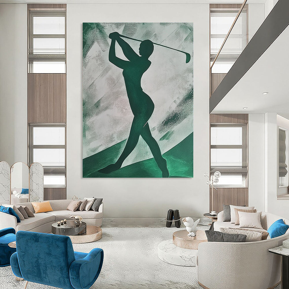Contemporary abstract painting featuring an emerald green silhouette of a woman playing golf on textured paper with simple shapes. DLZ1406